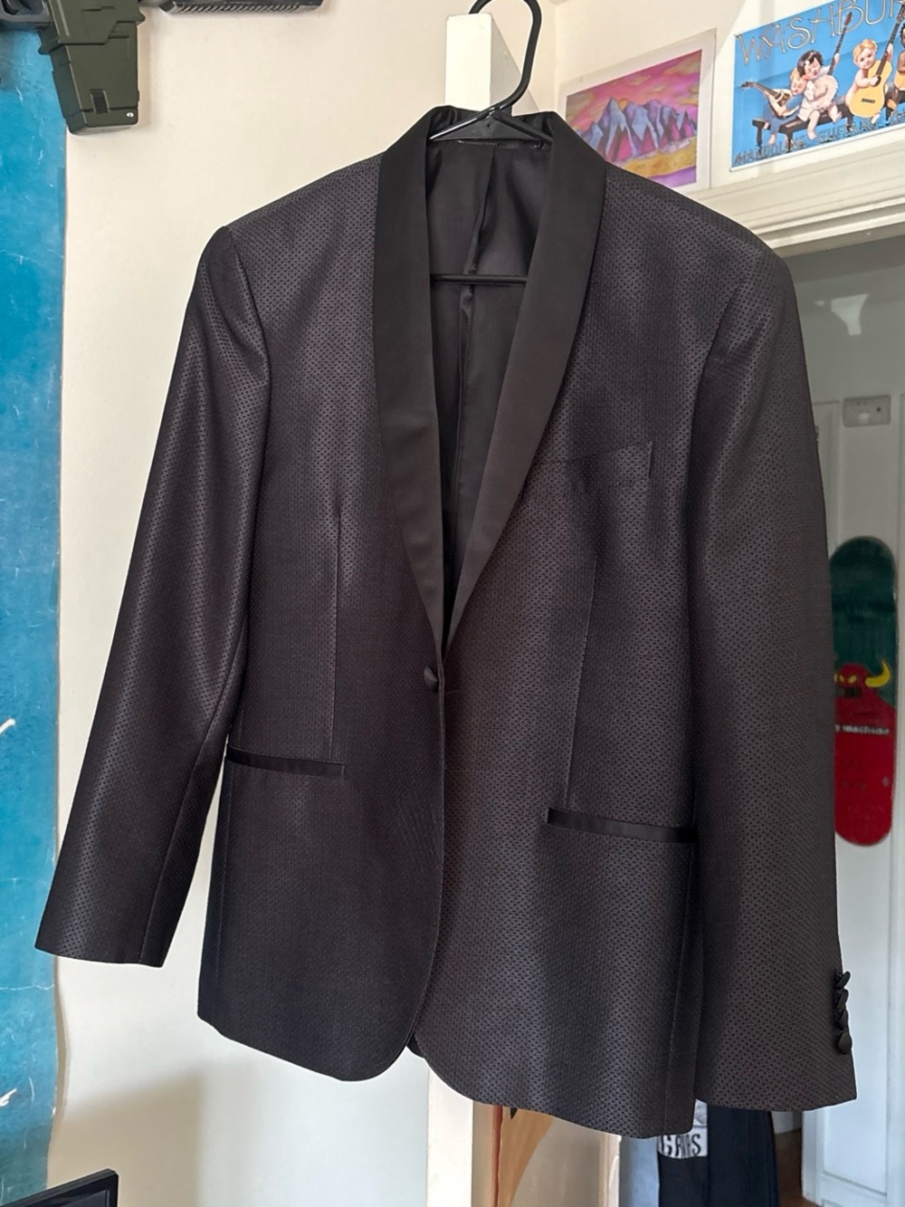 Kenneth Cole Black Textured Satin-Trim Shawl Blazer
